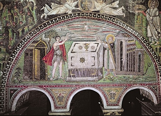 Abel offering a lamb and Melchisedech offering bread at the Altar, lunette on the South wall of the  à École byzantine