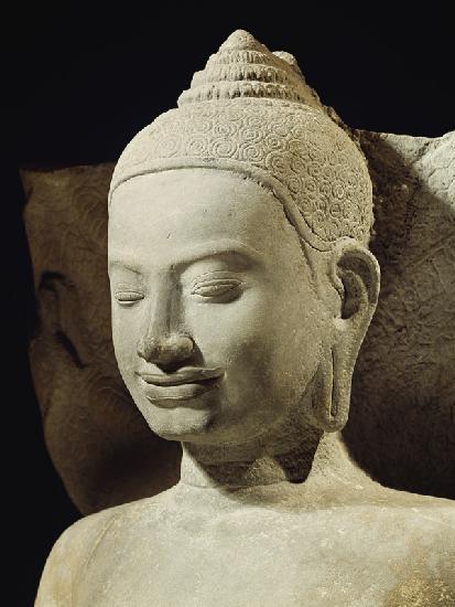 Buddha in Meditation on the Naga King, Mucilinda, detail of Buddha's head, from Preah Khan, Bayon st