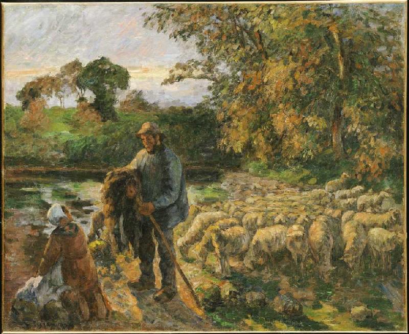 Avec un coucher de soleil de bergers rentrant à Montfoucault. à Camille Pissarro