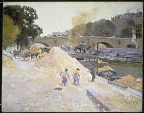 Expédition de gravier au Quai d' Anjou à la Seine à Paris (Pont Marie)