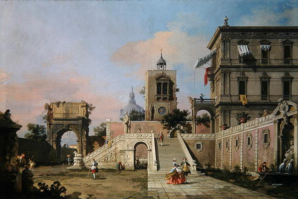 Capriccio of twin flights of steps leading to a palazzo, c.1750 (oil on canvas) à Giovanni Antonio Canal