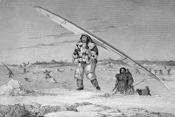 An Eskimaux of Igloolik, wearing a bird-skin jacket, carrying his canoe down to the water, à Captain George Francis Lyon