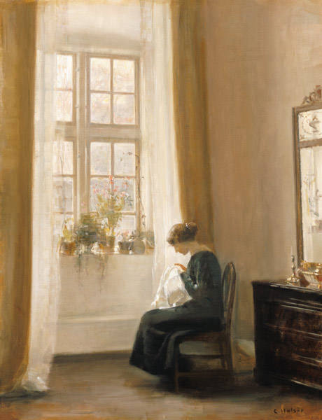 A Girl Sewing in an Interior à Carl Holsoe