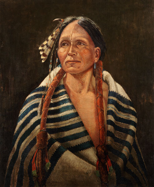 Indian with striped blanket (oil on canvas mounted on panel) à Carl Moon