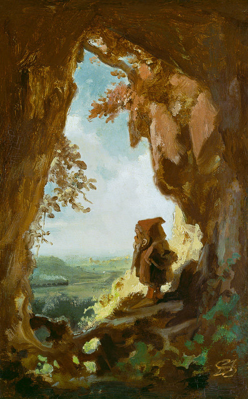 Gnom, von einer Höhle die erste Eisenbahn betrachtend à Carl Spitzweg