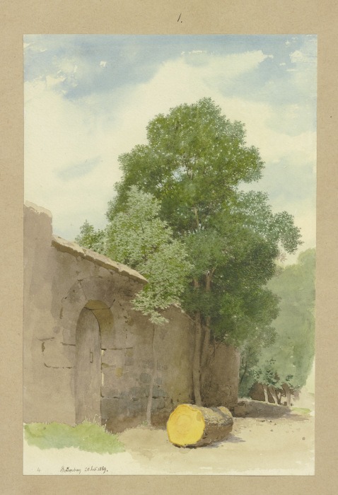 Abgesägter Baumstamm vor einer Mauer am Rothenburger Wildbad à Carl Theodor Reiffenstein