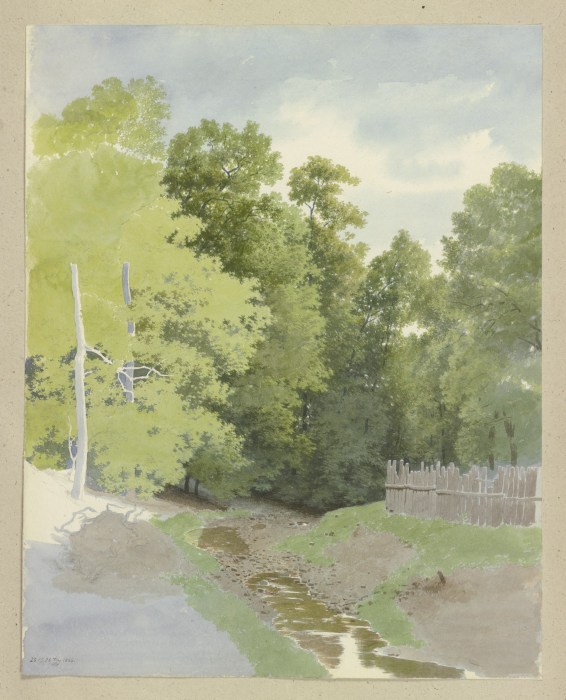 Ein Zaun entlang eines trockengefallenen Bachlaufes am Waldrand à Carl Theodor Reiffenstein