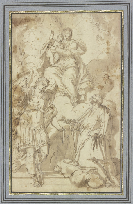 Madonna in Wolken, verehrt vom Erzengel Michael und dem Heiligen Petrus à Carlo Caliari