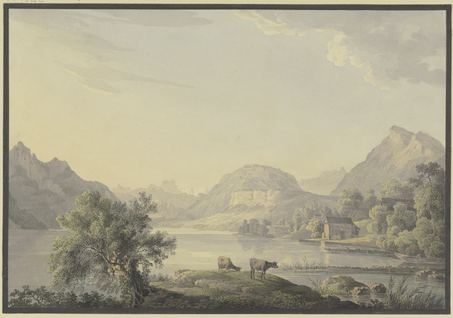 See im Gebirge, im Vordergrund bei einem Weidenbaum zwei Kühe à Carl Philipp Schallhas