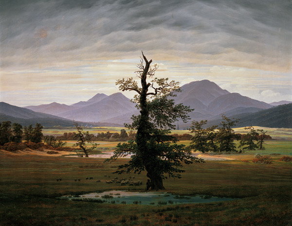 Paysage champêtre au lever du jour (arbre solitaire) à Caspar David Friedrich