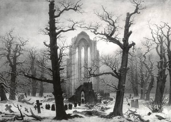 Cimetière de monastère dans la neige (brûlé en 1945). Photo historique (1902) à Caspar David Friedrich