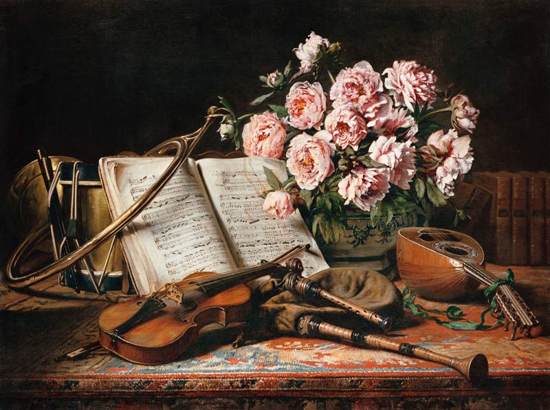 Nature morte avec instruments de musique et pivoines à Charles Antoine J. Loyeux