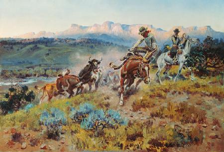 Cowboys capturant un troupeau