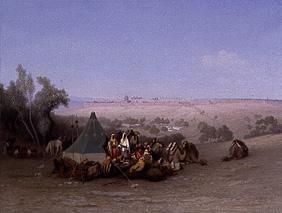 Arabes stockant sur la mont des oliviers avec une vue sur Jerusalem.