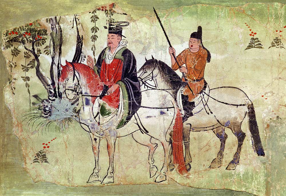 Two Horsemen in a Landscape or, The Boddhisatva and his Equerry, Tang Period à Ecole chinoise