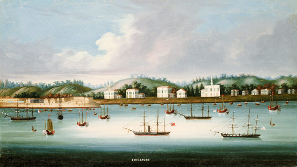 A view of Singapore from the roads with American, French and British shipping, c.1850 à Ecole chinoise