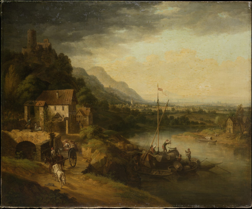 River Landscape with Barge à Christian Georg Schütz l'Ancien