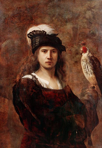 A falconer, standing half length, in a feathered hat à (cercle de) Rembrandt Harmensz. van Rijn