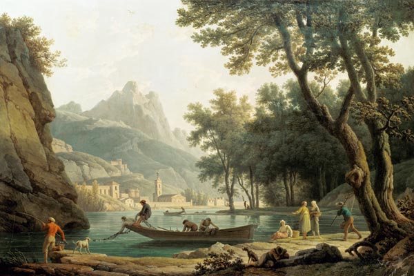 Pêcheurs au bord du lac devant un monastère à Claude Joseph Vernet