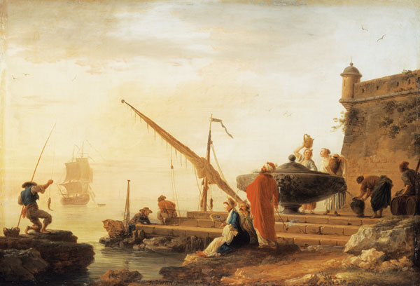 port maritime oriental avec un lever de soleil à Claude Joseph Vernet