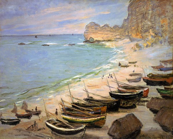 Bateaux sur le plage d'Etretat à Claude Monet