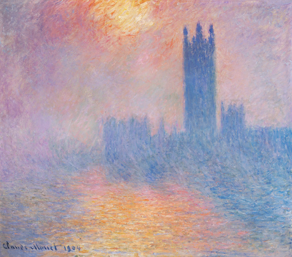 Le parlement de Londres, soleil perçant sous le brouillard - tableau de  Claude Monet
