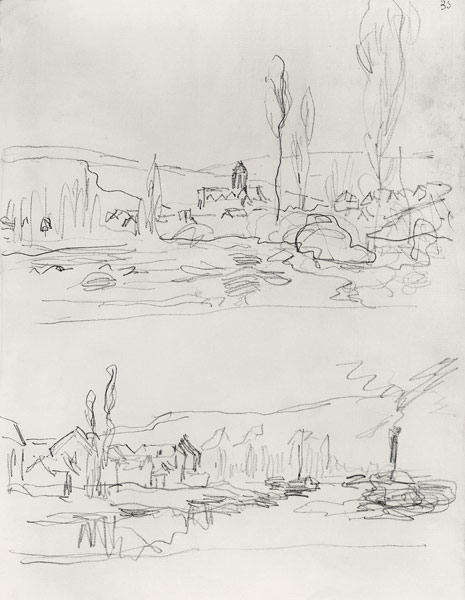 Two Sketches: Vetheuil from L'Ile St-Martin and Tugboat on the Seine before Lavacourt à Claude Monet