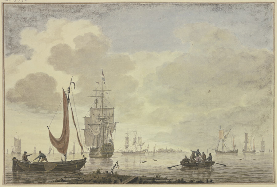 Marine, rechts ein Ruderboot mit fünf Figuren à Cornelis de Grient