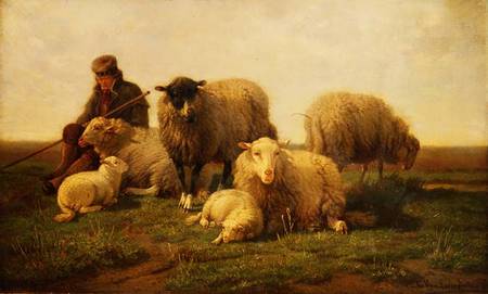 A Shepherd with Sheep and Lambs à Cornelis van Leemputten