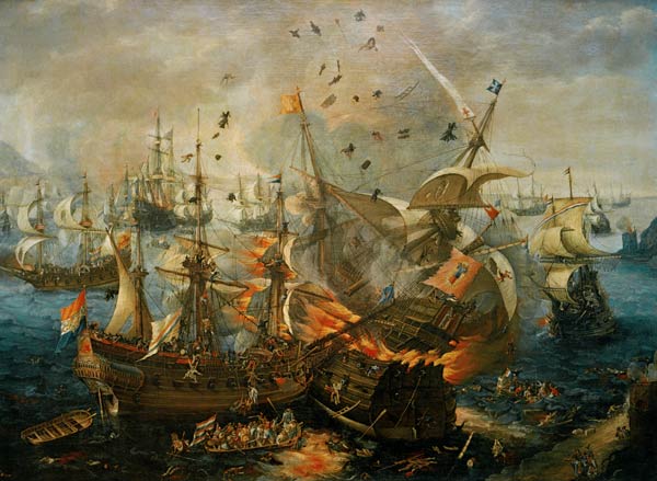 l'explosion du navire d'amiral espagnol pendant bataille navale de Gibraltar 25. Avril 1607 à Cornelis Claez Wieringen van