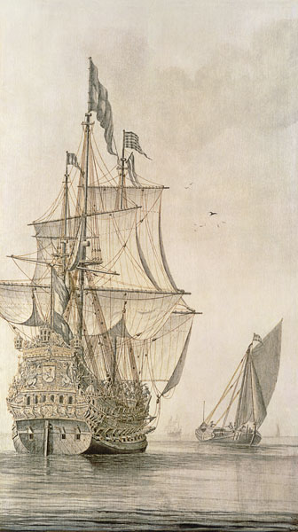 A Man-o'-war under sail seen from the stern with a boeiler nearby à Cornelius Bouwmeester