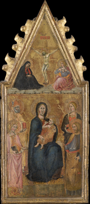 Enthroned Madonna with Child and four saints, above the Crucifixion with Mary and John Ev. à Cristoforo di Bindoccio