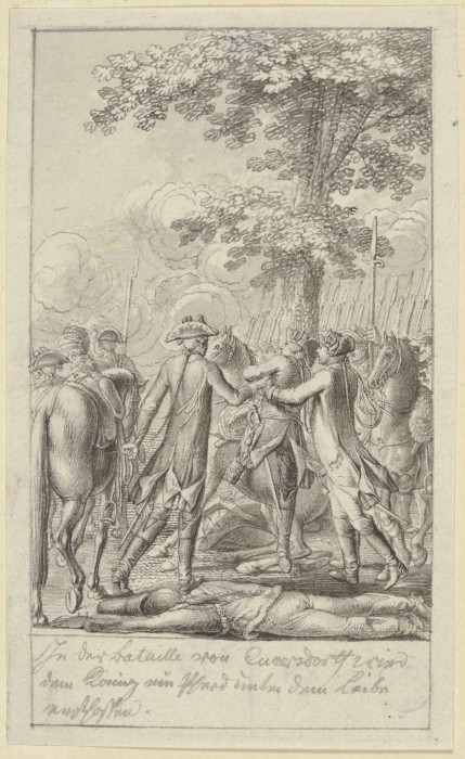 Zwei Soldaten helfen Friedrich dem Großen von einem zusammensinkenden Pferd à Daniel Chodowiecki