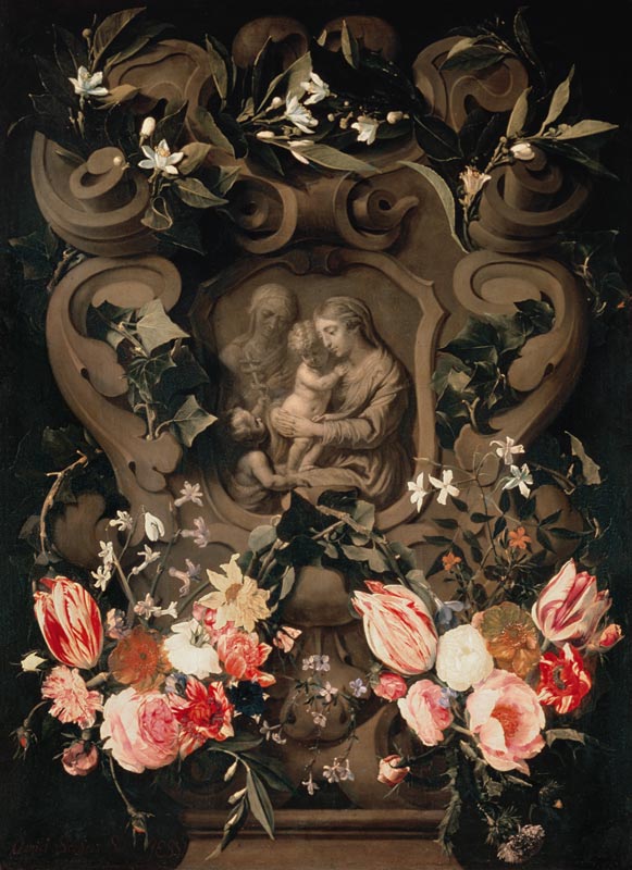 Madonna and Child, Saint Elisabeth and John the Baptist as child in a floral garland à Daniel Seghers