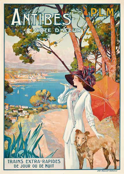 Affiche publicitaire pour un voyage à Antibes, Côte d'Azur, avec la compagnie ferroviaire française  à David Dellepiane