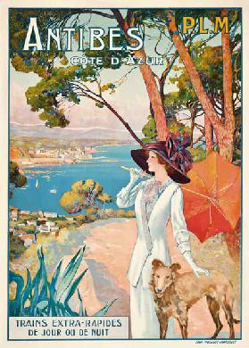 Affiche publicitaire pour un voyage à Antibes, Côte d'Azur, avec la compagnie ferroviaire française 