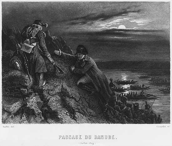 Napoleon I Bonaparte (1769-1821) crossing the River Danube during the night of 4th July 1809; engrav à Denis-Auguste-Marie Raffet