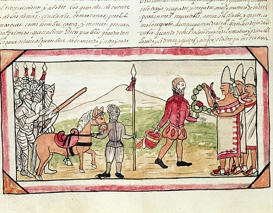 Fol.208v Meeting of Hernando Cortes (1485-1547) and Montezuma (1466-1520), miniature from the ''Hist à Diego Duran
