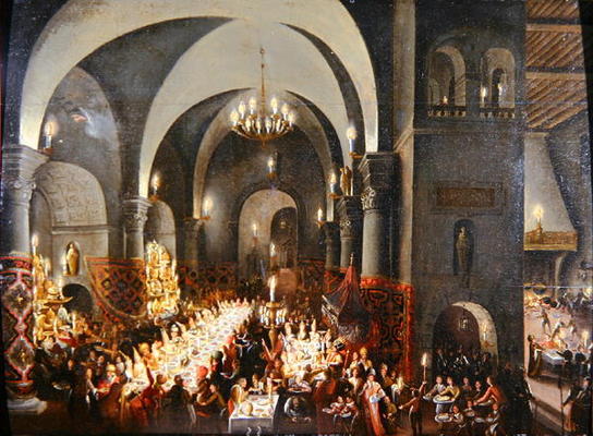 Belshazzar's Feast showing the hand of God writing the words 'Mane, Tekel, Phares' (oil on canvas) à École Hollandaise, (17ème siècle)