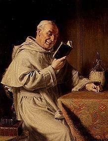 moine lisant avec le verre de vin rouge. 1909
