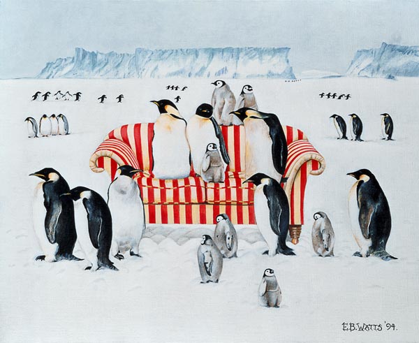 Penguins on a red and white sofa, 1994 (acrylic)  à E.B.  Watts