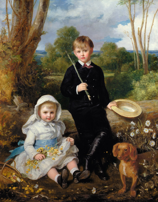Portrait of a Brother and Sister with their Pet Dog in a Wooded Landscape à Eden Upton Eddis