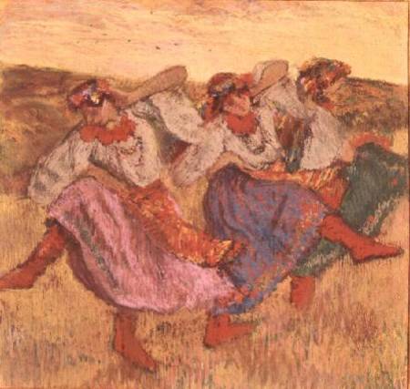 Three dancers in peasant costume à Edgar Degas
