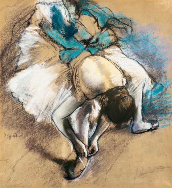 Danseur en attachant des chaussures de ballet à Edgar Degas