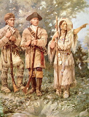 Lewis and Clark with Sacagawea (colour litho) (detail) à Edgar Samuel Paxson