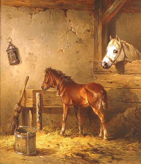 Mare and Foal in a Stable à Edmund Mahlknecht