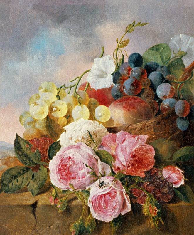 Still life of fruit and roses on a ledge à Edward Ladell
