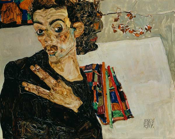 auto-portrait avec le récipient d'argile noir à Egon Schiele