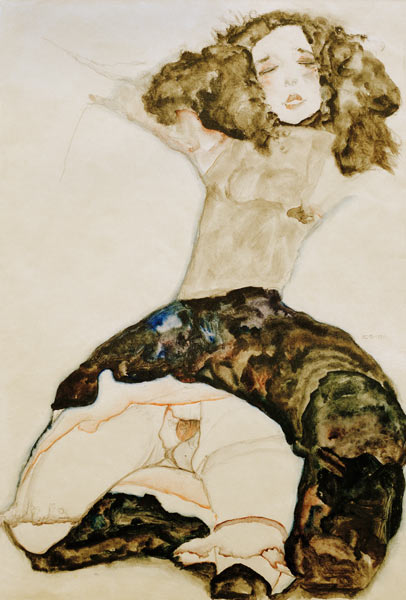 Schwarzhaariges Mädchen mit hochgeschlagenem Rock à Egon Schiele