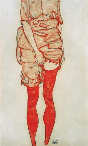 Femme debout avec bas rouges - Egon Schiele